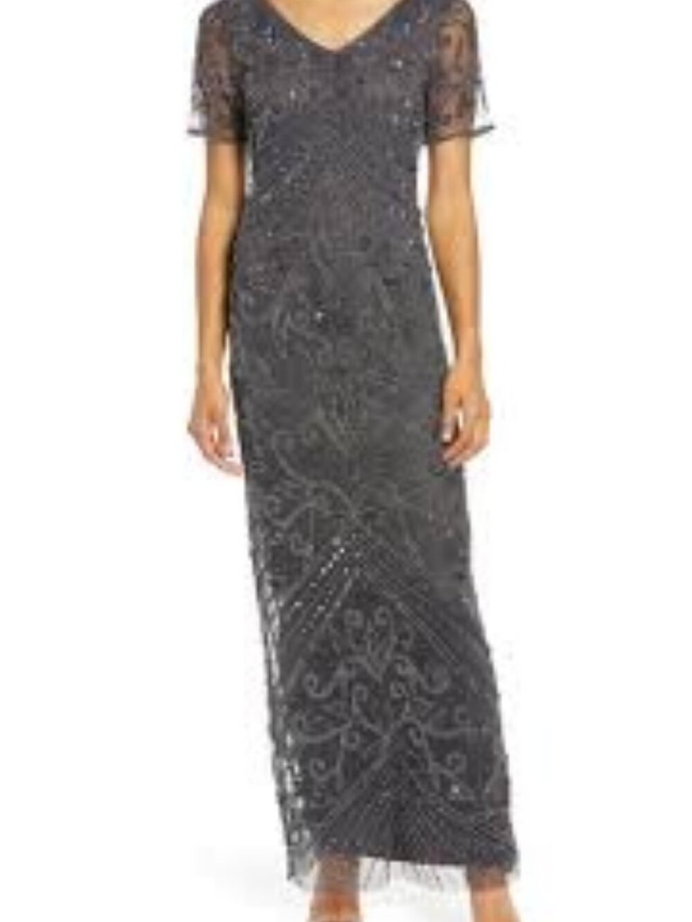 49 - NWT PISARRO NIGHTS BEADED MESH COLUM GOWN IN SLATE